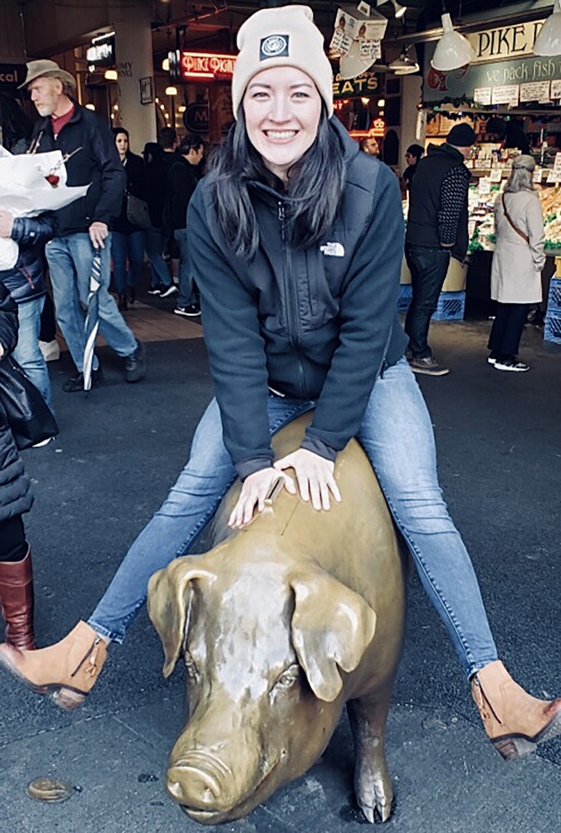 Alissa on Rachel the Pig at Pike Place Market, Seattle